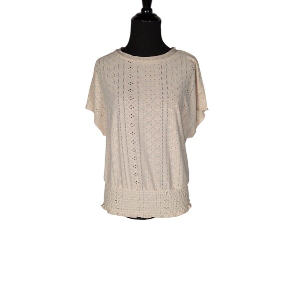 Blouse S Women's Beige Eyelet Banded Waist Short Sleeve Casual Easy to Wear - Picture 1 of 8